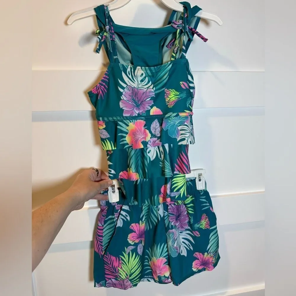 Girls Justice 3 piece set swim suit teal and floral and shorts size Large